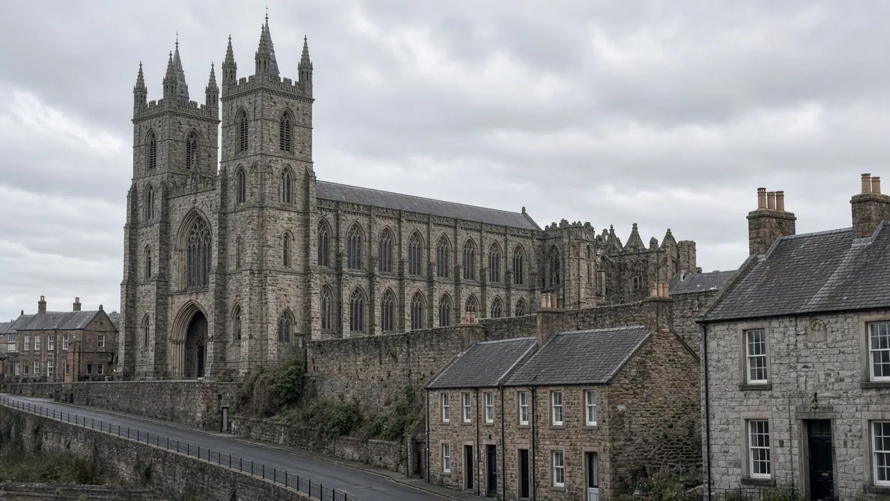 Dunfermline Abbey and adjoining stone streets in Dunfermline, Fife under grey sky