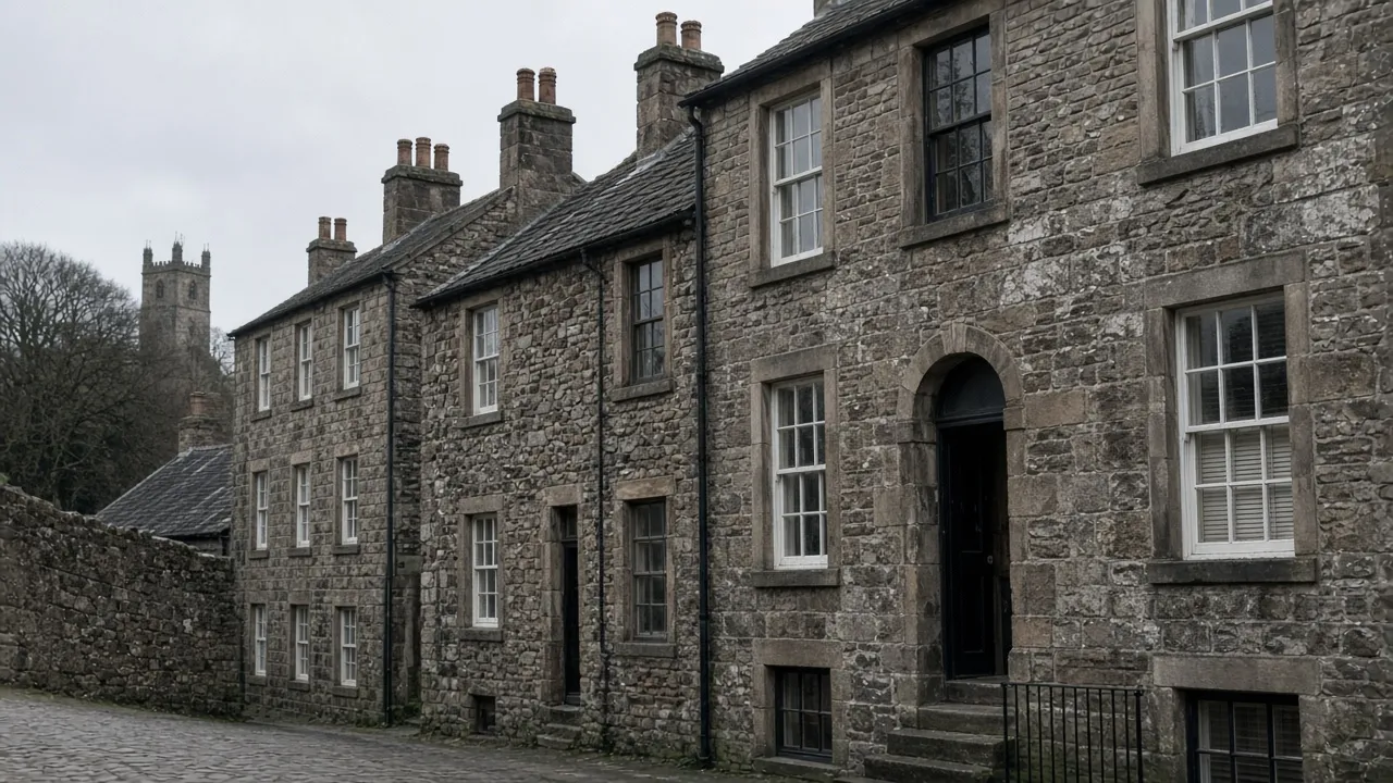Grey stone houses with sash windows near Dunfermline Abbey in Dunfermline, Fife