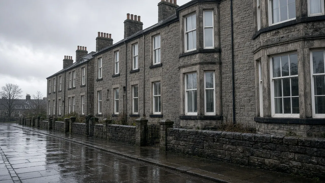 Wet stone terrace street with sash windows in Dunfermline, Fife