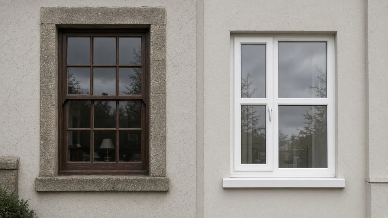 Timber sash beside a white UPVC casement on a house wall in Dunfermline, Fife
